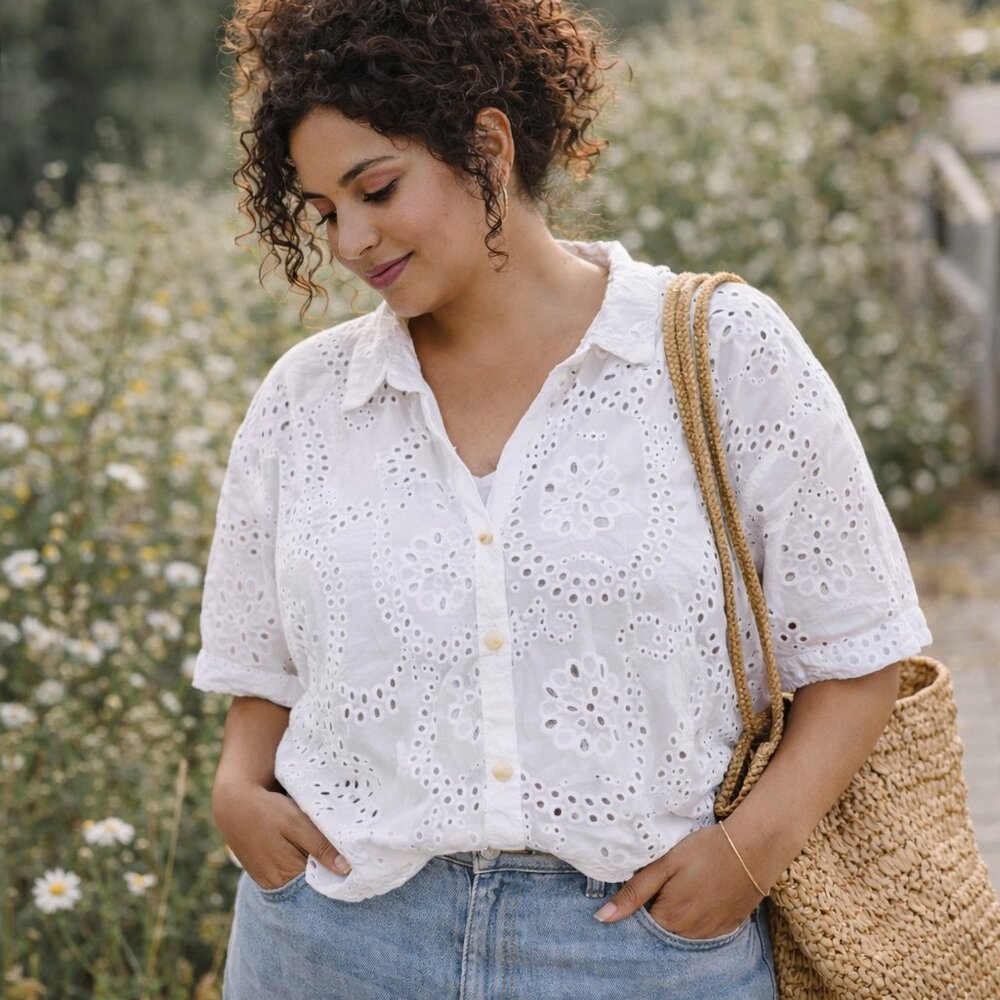 Wonderly White Eyelet Button-Up Blouse Cottagecore Boho Cotton Top Plus Size 3X